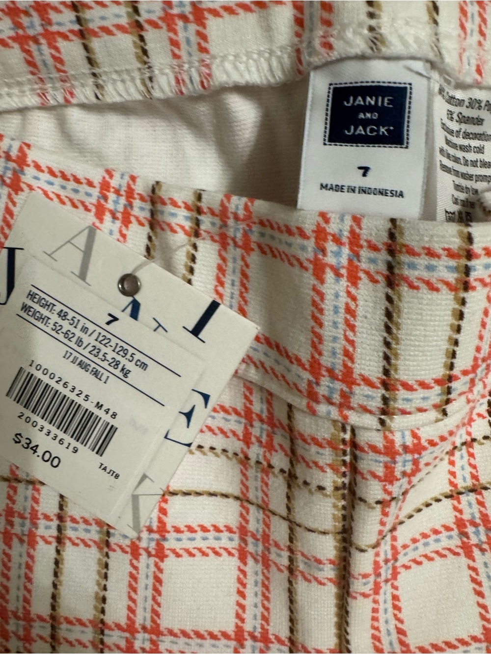 Janie and Jack 7 Coral and Tan Cream Plaid Cape leggings and shirt, socks - Picture 5 of 12